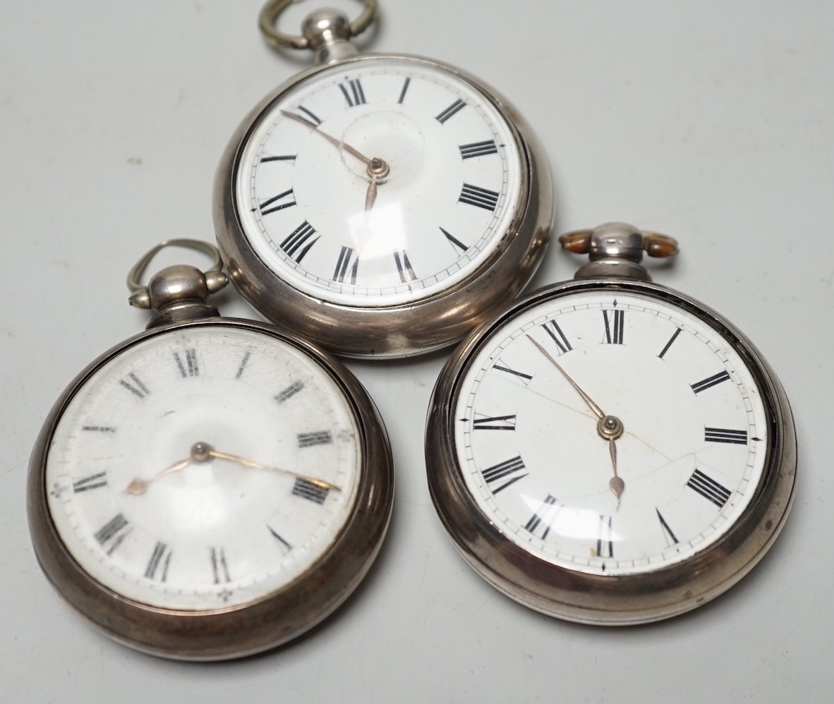 Three 19th century silver pair cased keywind verge pocket watches by Marriott of Northampton, George Bates of Kettering and Carter of Salisbury.